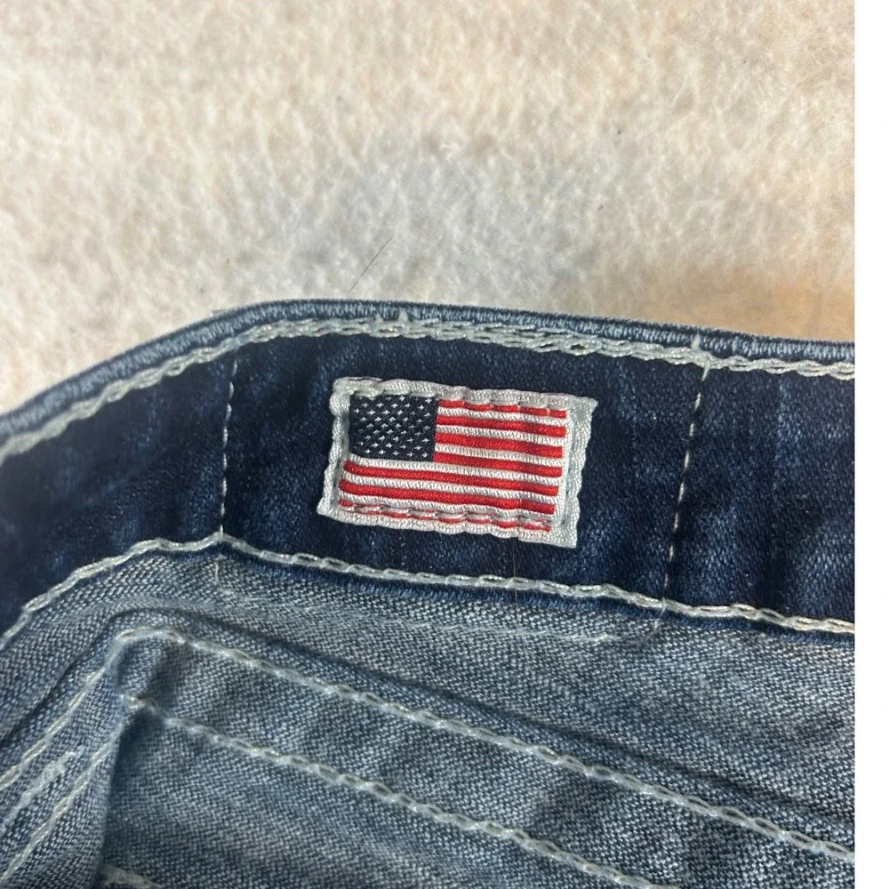 True Religion Mens Slim Straight Indigo Jeans Pearl Buttons White Stitch Size 28
